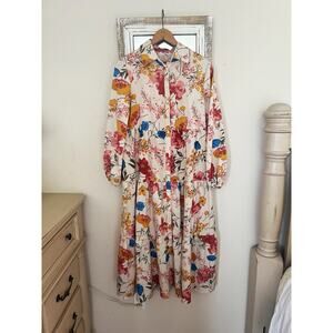 Shein Boho Collar Button Front Ruffle Hem Flounce Floral Maxi Dress XS